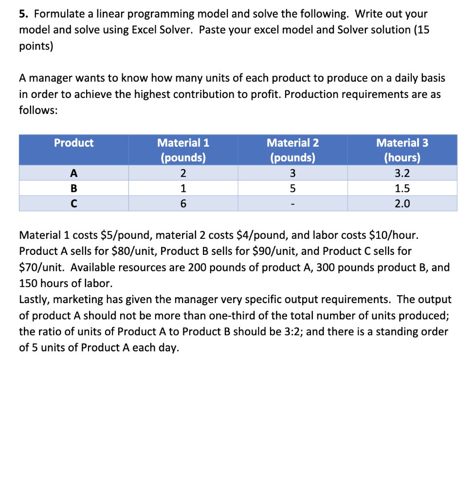 5. Formulate a linear programming model and solve