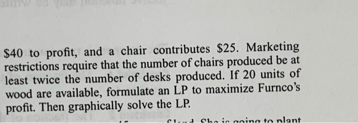 5 Furnco manufactures desks and chairs. Each desk