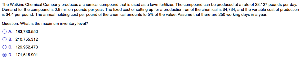 The Watkins Chemical Company produces a chemical