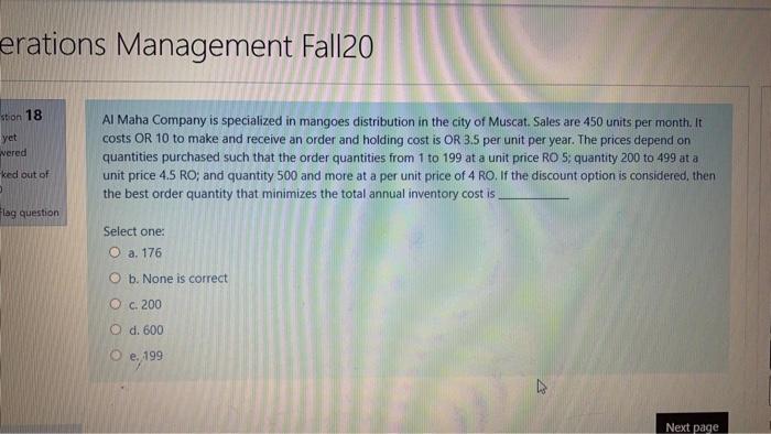 erations Management Fall20 stion 18 yet wered Al
