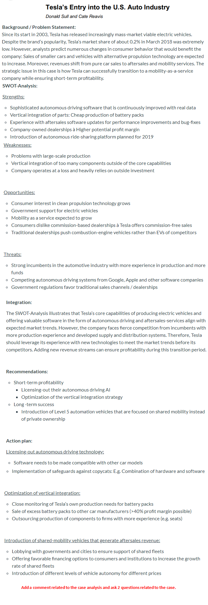 Tesla's Entry into the U.S. Auto Industry Donald