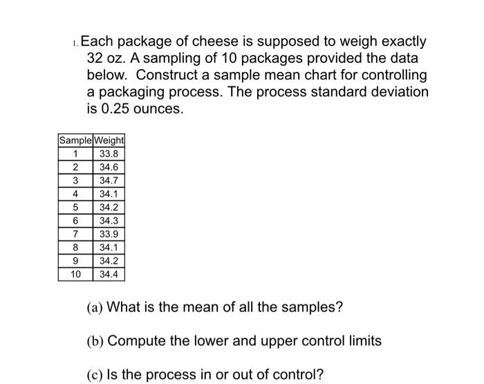 1. Each package of cheese is supposed to weigh