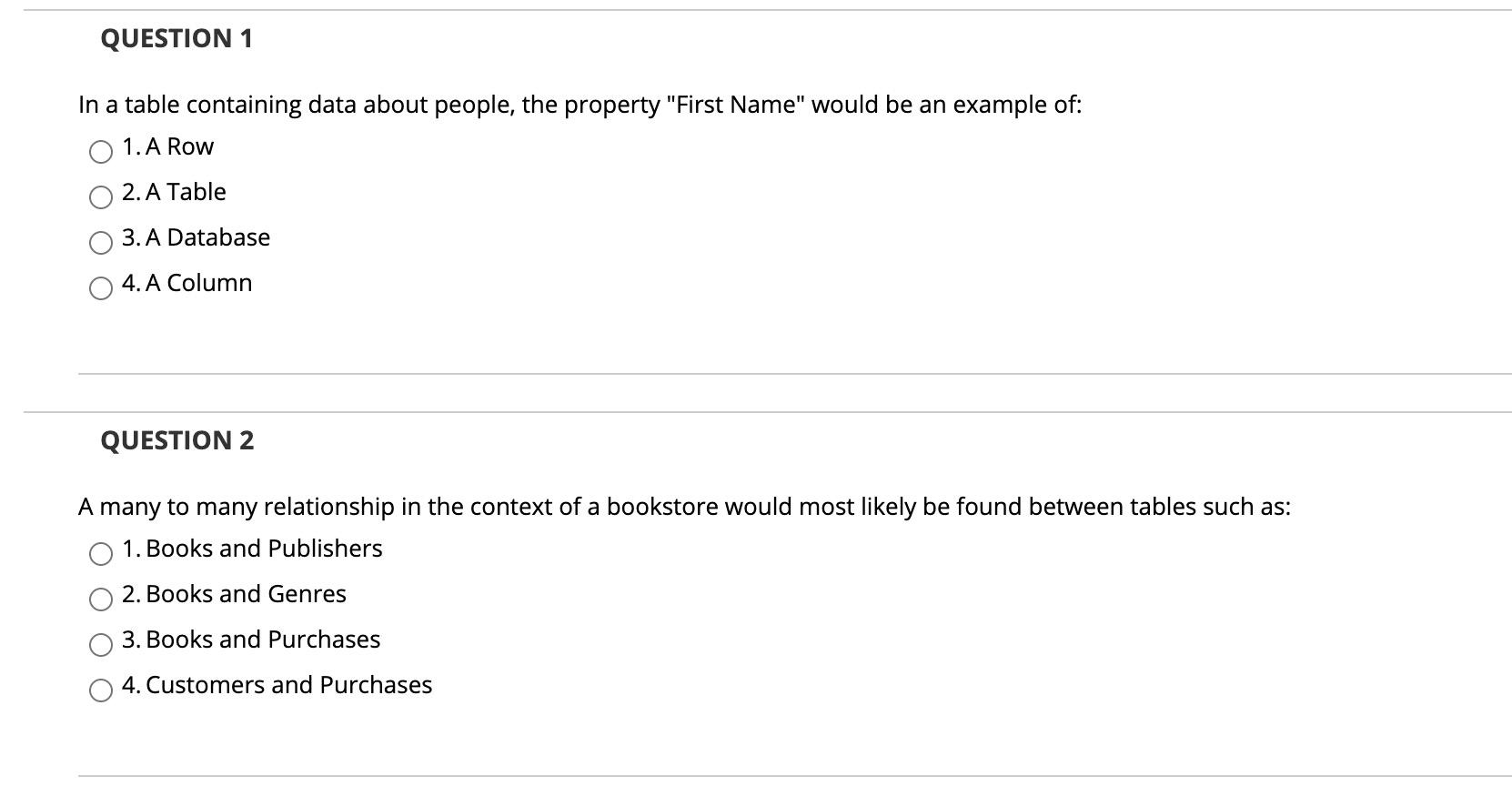 QUESTION 1 In a table containing data about