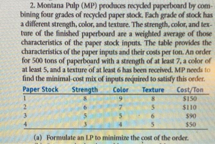 2. Montana Pulp (MP) produces recycled paperboard
