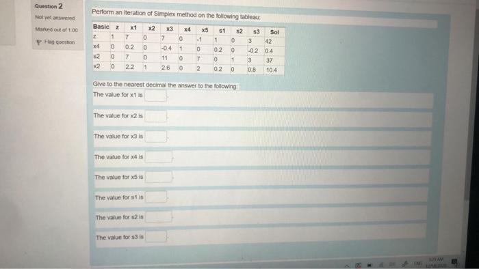 Question 2 Perform an iteration of Simplex method