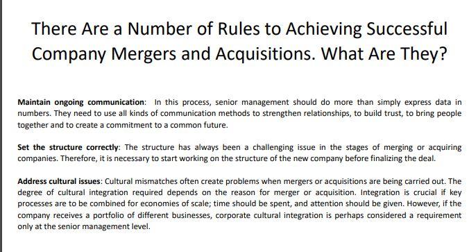 Explain the Mergers and Acquisitions process