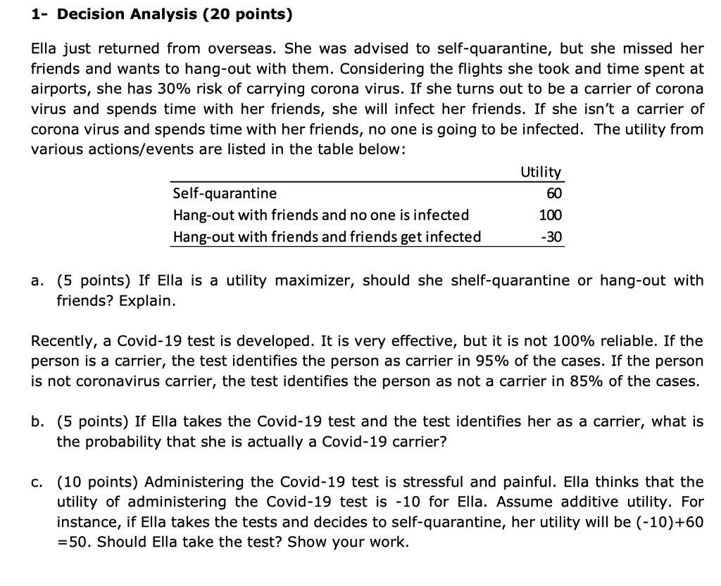 1- Decision Analysis (20 points) Ella just