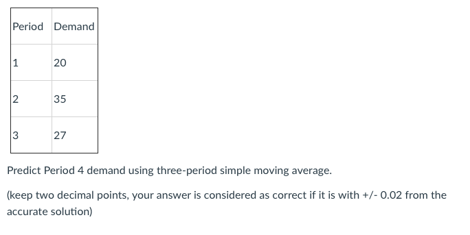 Period Demand 1 20 N 35 3 27 Predict Period 4