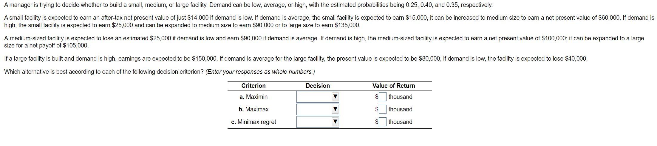 A manager is trying to decide whether to build a