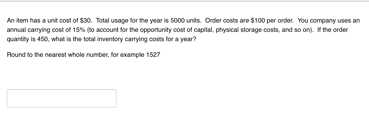 An item has a unit cost of $30. Total usage for