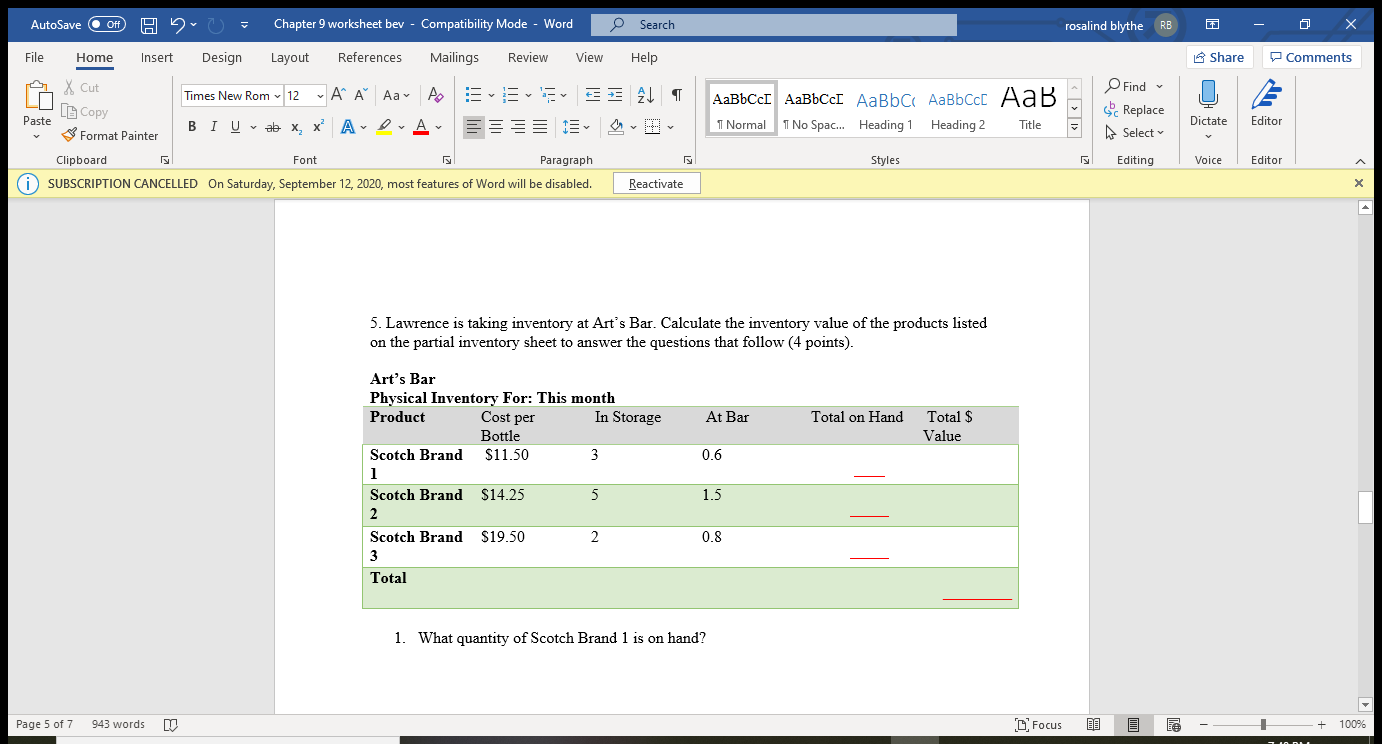 AutoSave Off Chapter 9 worksheet bev -