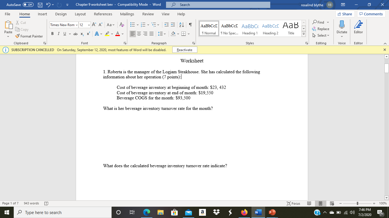 AutoSave Off Chapter 9 worksheet bev -