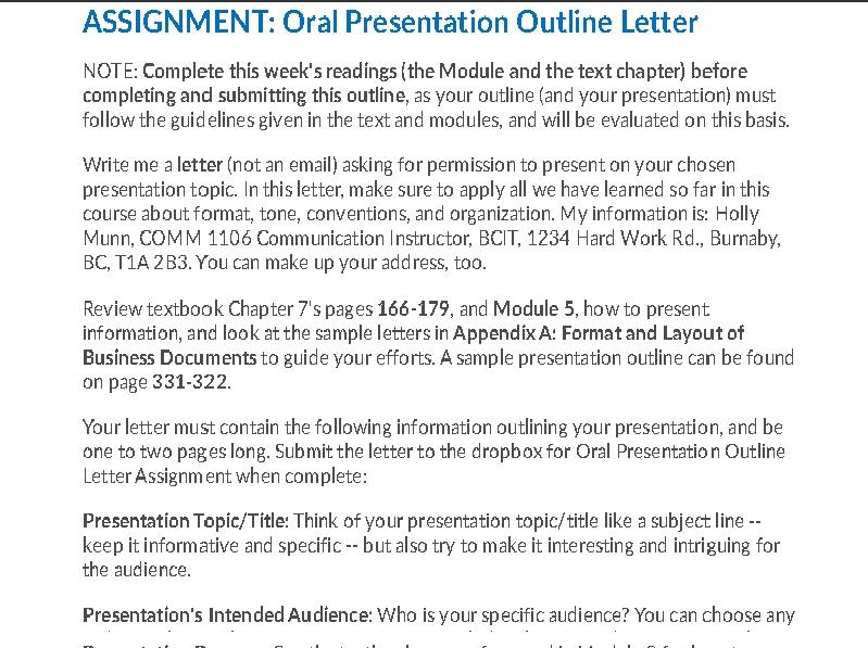 ASSIGNMENT: Oral Presentation Outline Letter