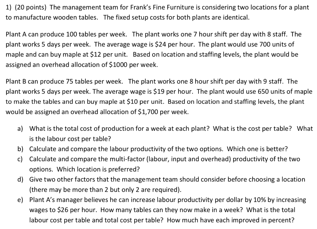 1) (20 points) The management team for Frank's