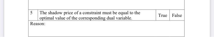 True False 5 The shadow price of a constraint