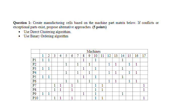 Question 1: Create manufacturing cells based on
