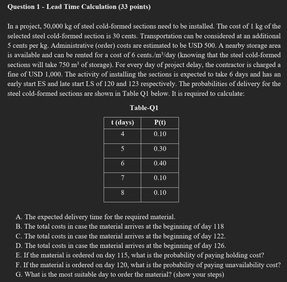 Question 1 - Lead Time Calculation (33 points) In
