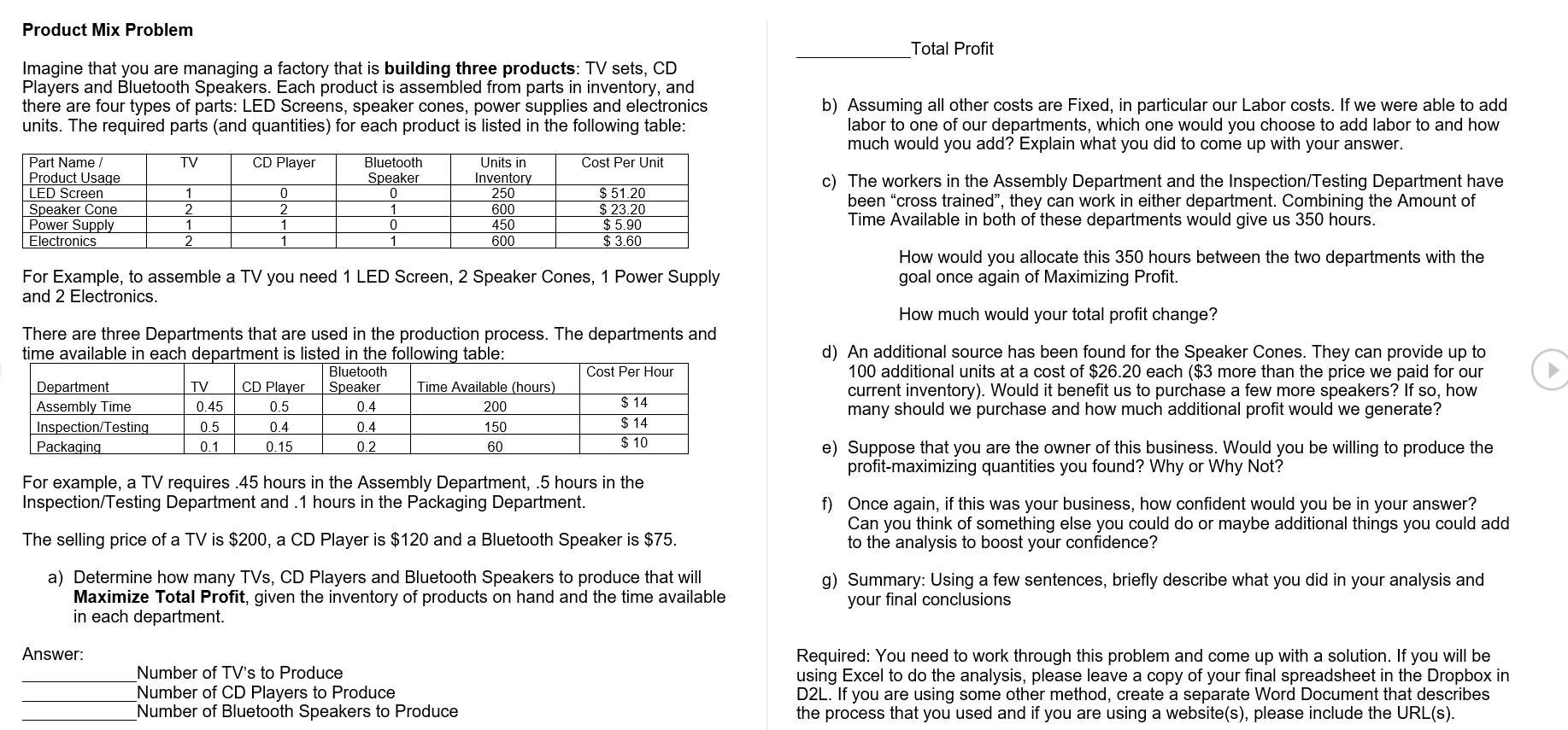 Product Mix Problem Total Profit Imagine that you
