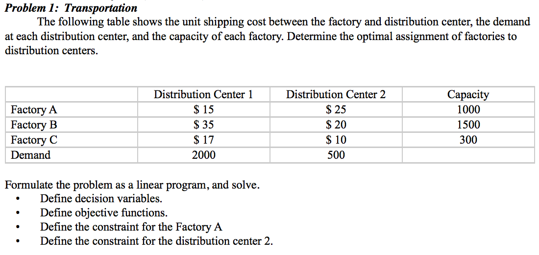 Problem 1: Transportation The following table