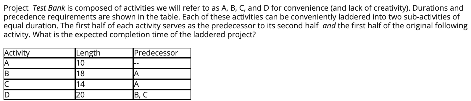 Project test bank is composed of activities we