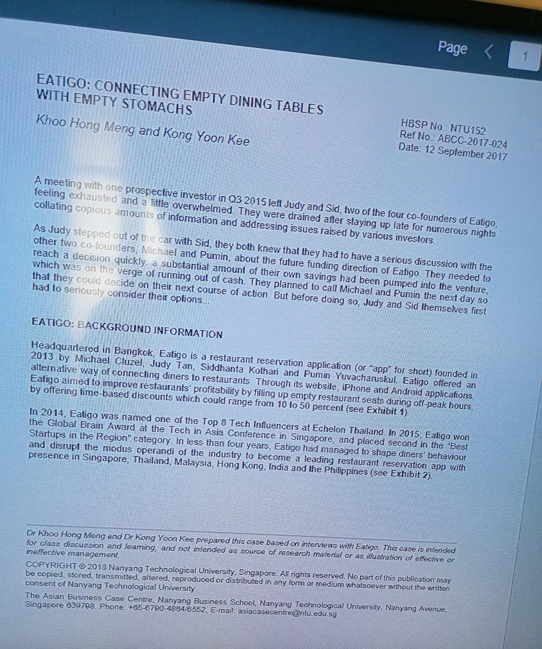 Read the case "EATIGO-Connecting empty dining