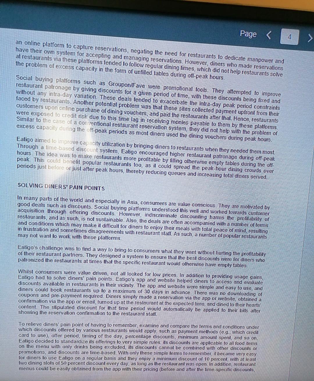 Read the case "EATIGO-Connecting empty dining
