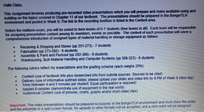 Hello Class, This Assignment involves producing