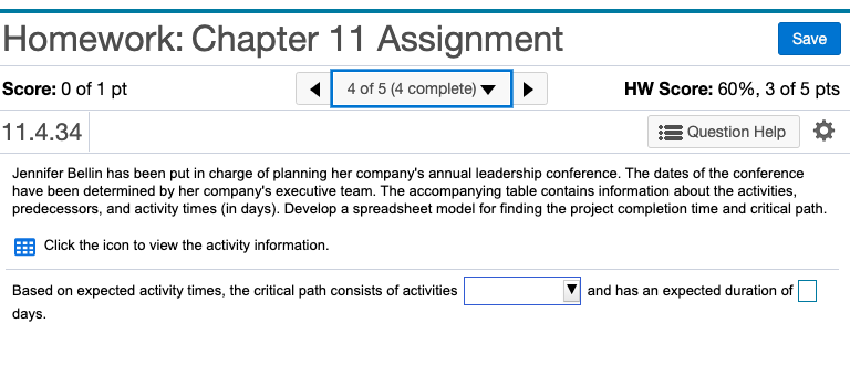 Save Homework: Chapter 11 Assignment Score: 0 of