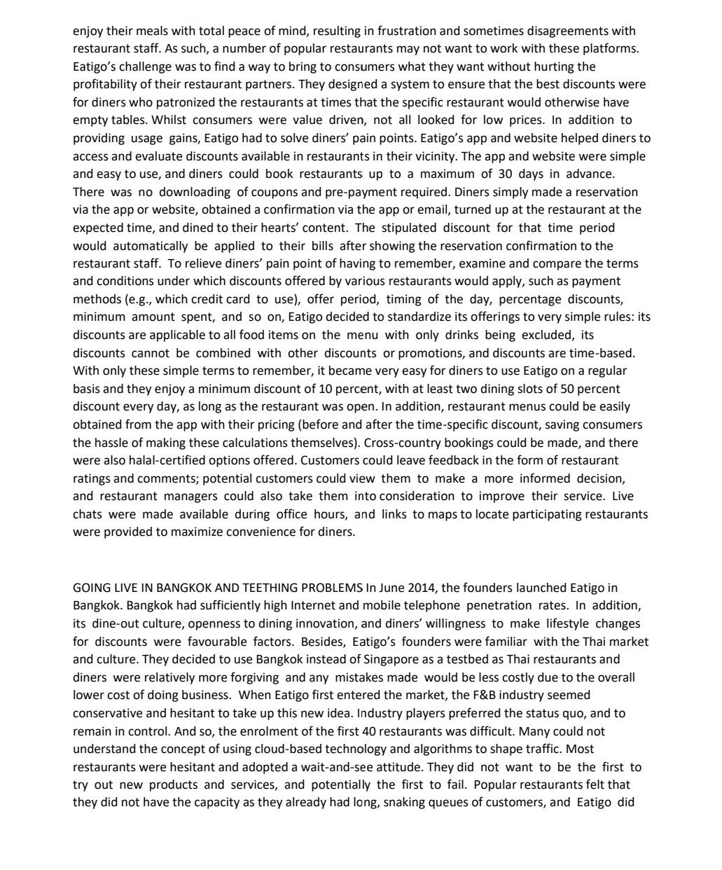 Read the case "EATIGO-Connecting empty dining