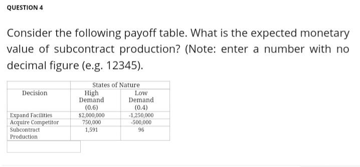 QUESTION 4 Consider the following payoff table.