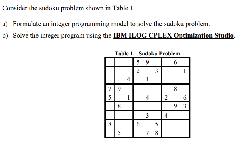 Consider the sudoku problem shown in Table 1. a)