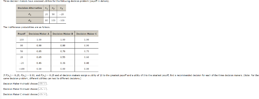 Three decision makers have assessed utilities for