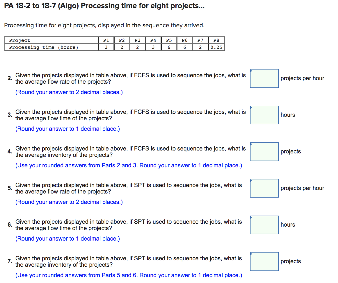 PA 18-2 to 18-7 (Algo) Processing time for eight