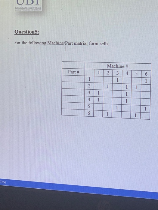 UDT det Question5: For the following Machine/Part