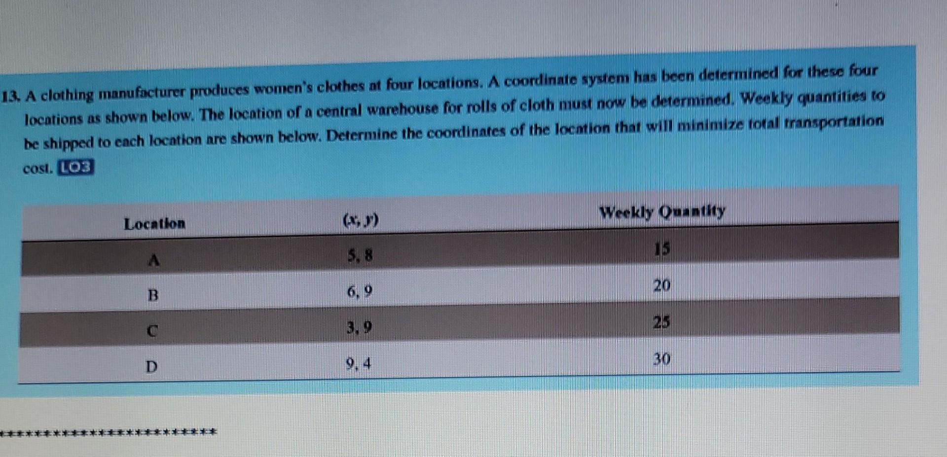 I need help 13. A clothing manufacturer produces