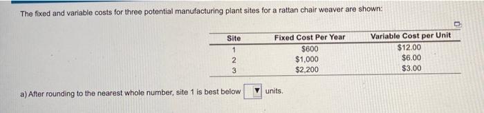The fixed and variable costs for three potential