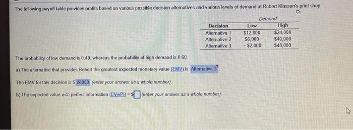 Low The following payoft tablo provides profits