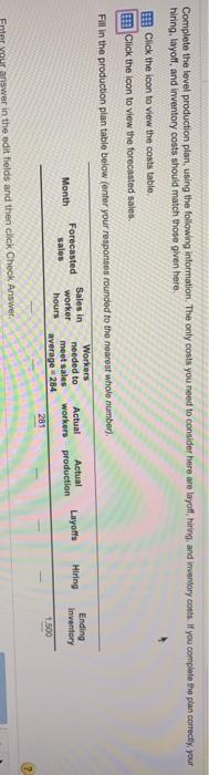 complete the level production plan, using the