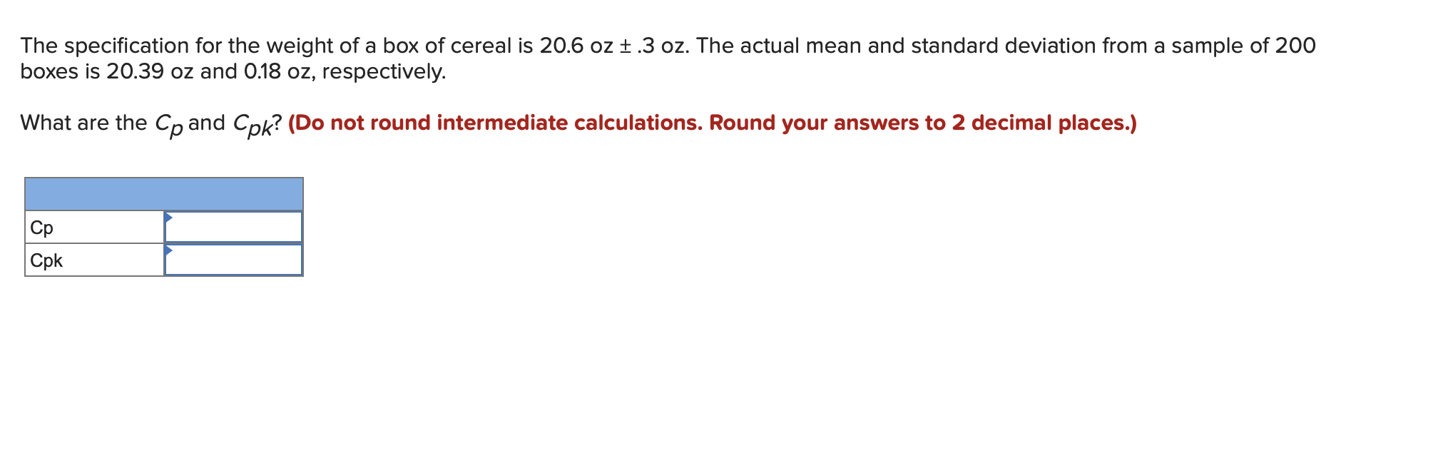 The specification for the weight of a box of