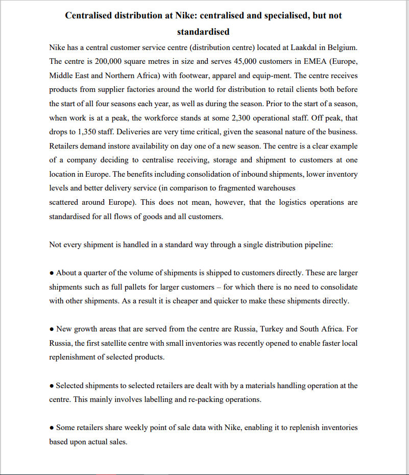 Centralised distribution at Nike: centralised and