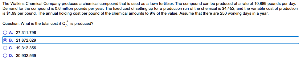 The Watkins Chemical Company produces a chemical