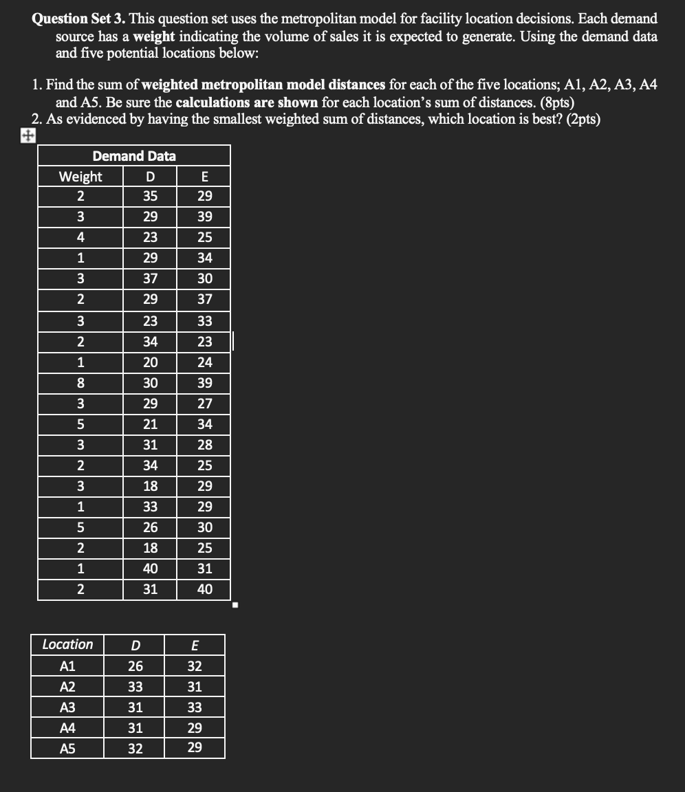 Question Set 3. This question set uses the