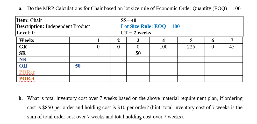 Question #2: For the Chair's BOM, represented in