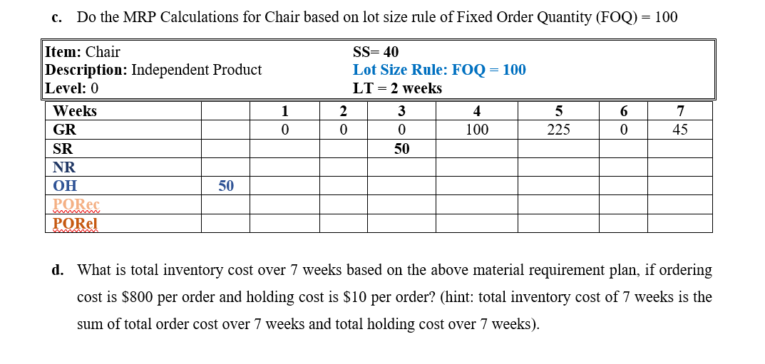 Question #2: For the Chair's BOM, represented in