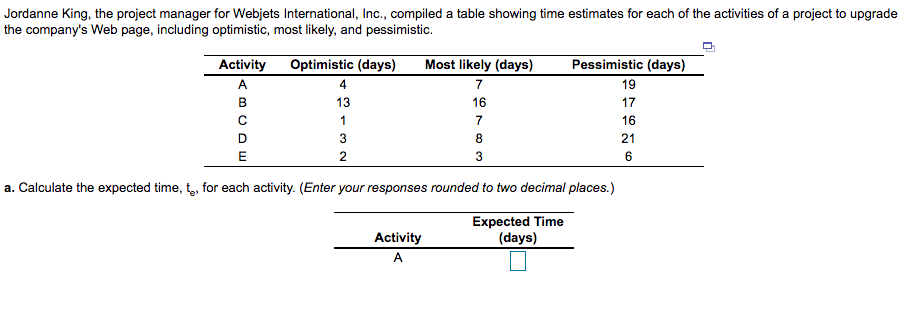 Please include the expected time for a, b, c, d,
