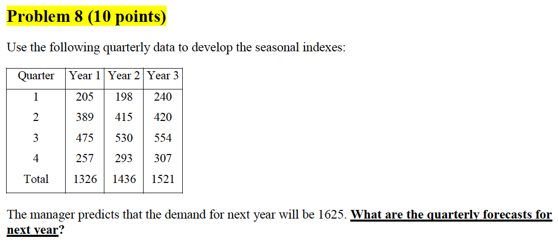 Problem 8 (10 points) Use the following quarterly