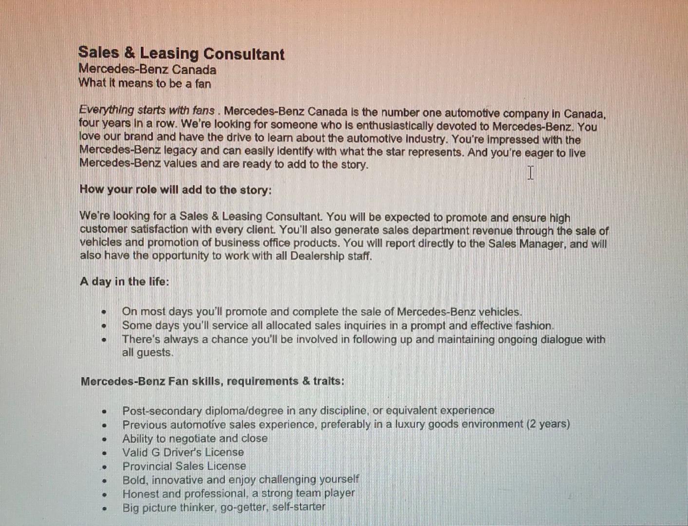 CREATE A RESUME! Sales & Leasing Consultant