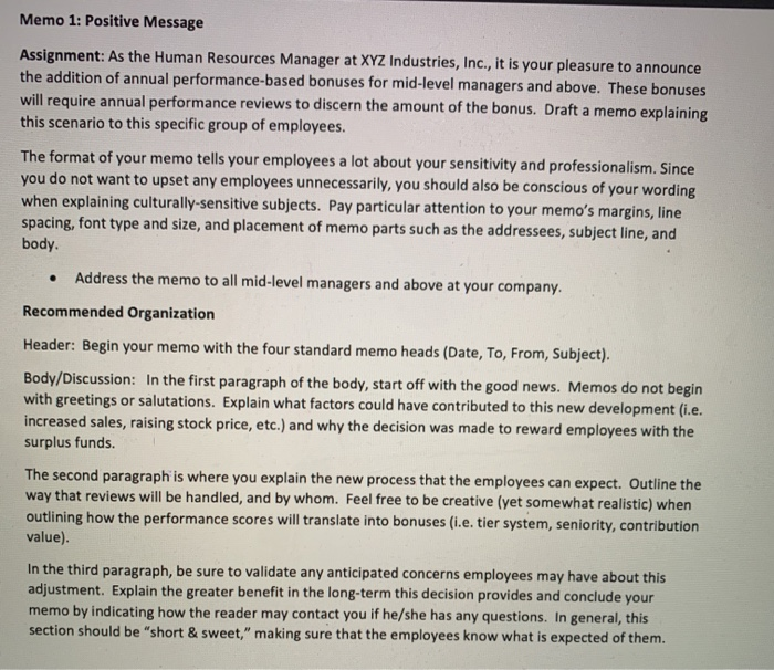 Memo 1: Positive Message . Assignment: As the