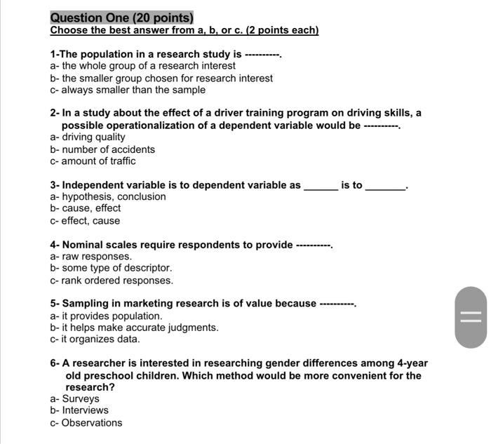 Question One (20 points) Choose the best answer