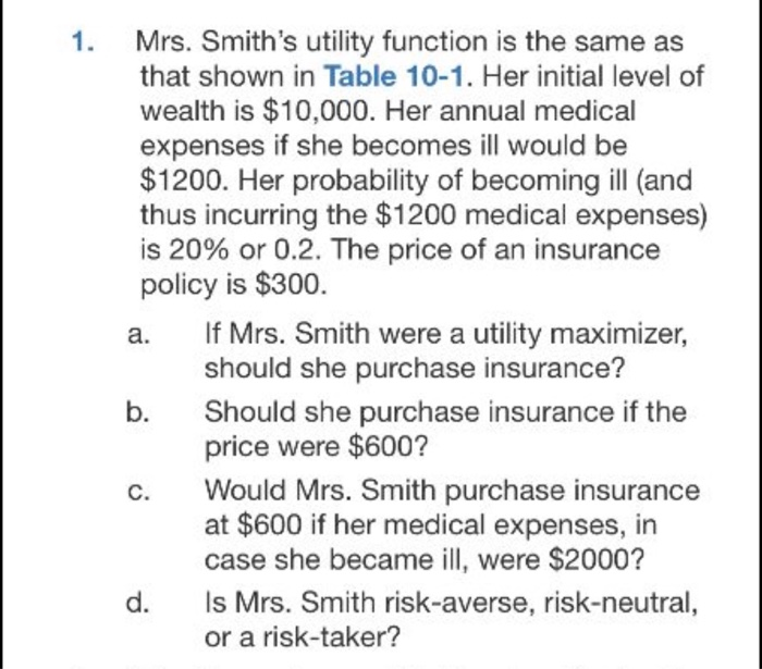 1. Mrs. Smith's utility function is the same as
